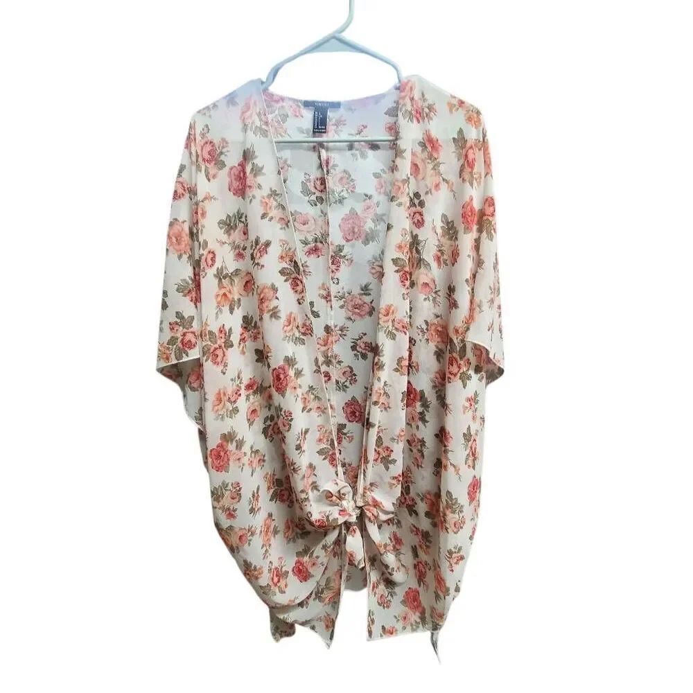 Forever 21 Women's Floral Semi Sheer Kimono style Open Front Blouse Shirt Size